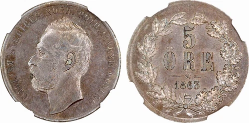 1863 Sweden 5 Ore, NGC MS 61, KM - 707