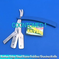 Stainless Steel Straight Edge Barber Razor Blue Handle + 11 Blades Folding Blade
