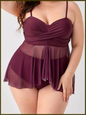Plus Size Womens 2 Pc Burgundy Wine Sheer Swim Dress XL/1XL 2x/3X 3XL/4XL