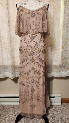 slim fit dress slacks Rose Gold Draped Metallic Foil Long Dress