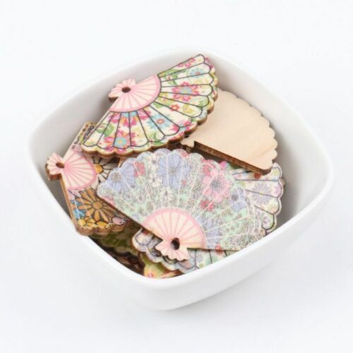 10pcs Mixed Wooden Fan Shaped Flower Painted Pattern Scrapbooking Carft Decorati - Picture 1 of 12