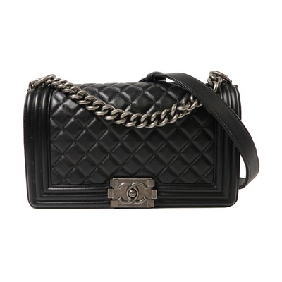 CHANEL CC SHW Boy 25cm Chain Shoulder Bag Lambskin Leather Black 