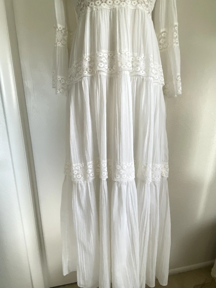 Maxi Vestido De Colección Roberta Años 70 Pradera Casa de Campo Núcleo Boho Gasa Encaje Talla S Boda Foto 4 de 4