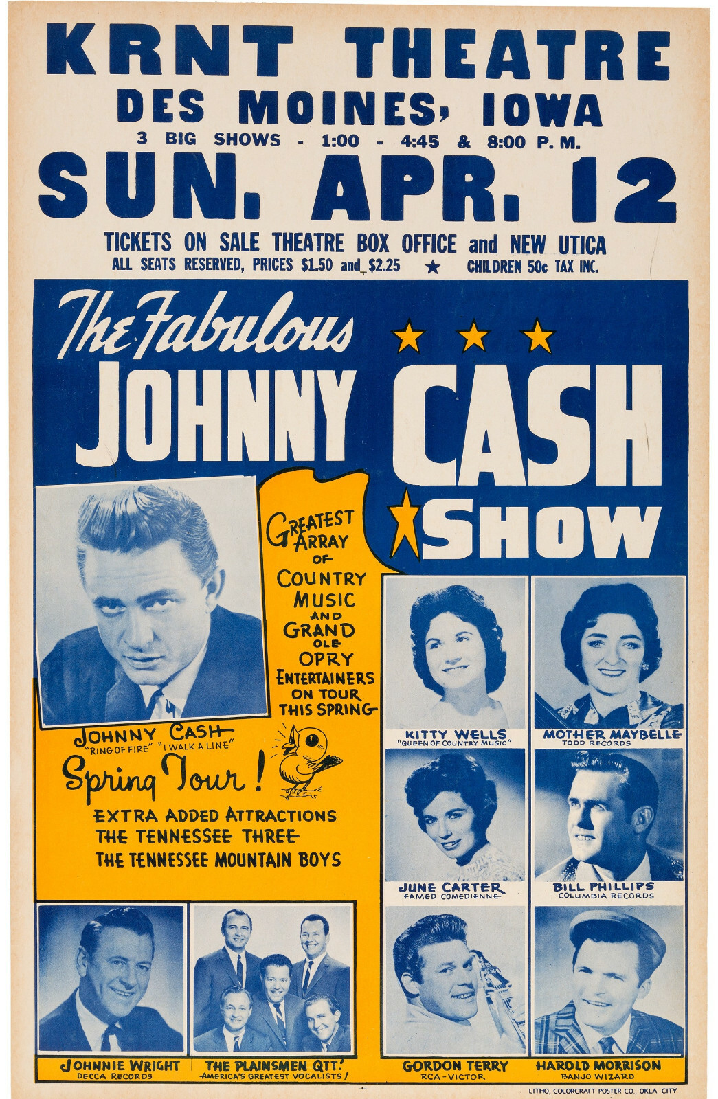 JOHNNY CASH Concert Window Poster KRNT, Des Moines, Iowa 1964