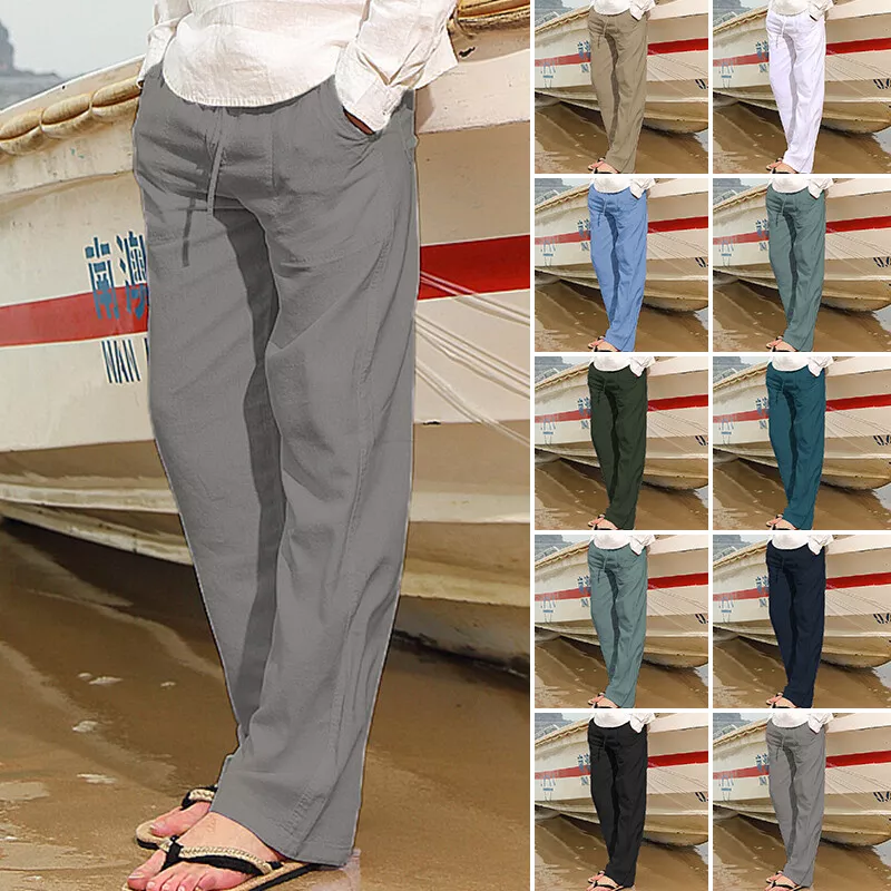 Mens 100% Cotton Straight Leg Pants Casual Elastic Waist Drawstring Trousers  US