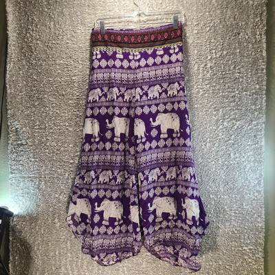 Kathmandu Imports Purple Woven Waist Elephant Print Pants Wide Leg Rayon READ
