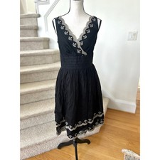 Ann Taylor Black Silk & Cotton Metallic Gold Lace Scalloped Trim A-Line Dress