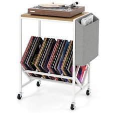 Record Player Stand w/Vinyl Record Storage Side Storage Pouch, Swivel Wheels