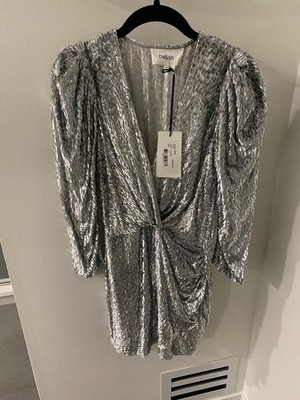 NWT BA&SH BASH Divina Silver Metallic Silk Chiffon Fil Coupe Mini Dress S $650