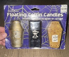 VINTAGE HALLOWEEN FLOATING COFFIN CANDLES:BAT, SKULL/RIP, KEEP OUT 2001