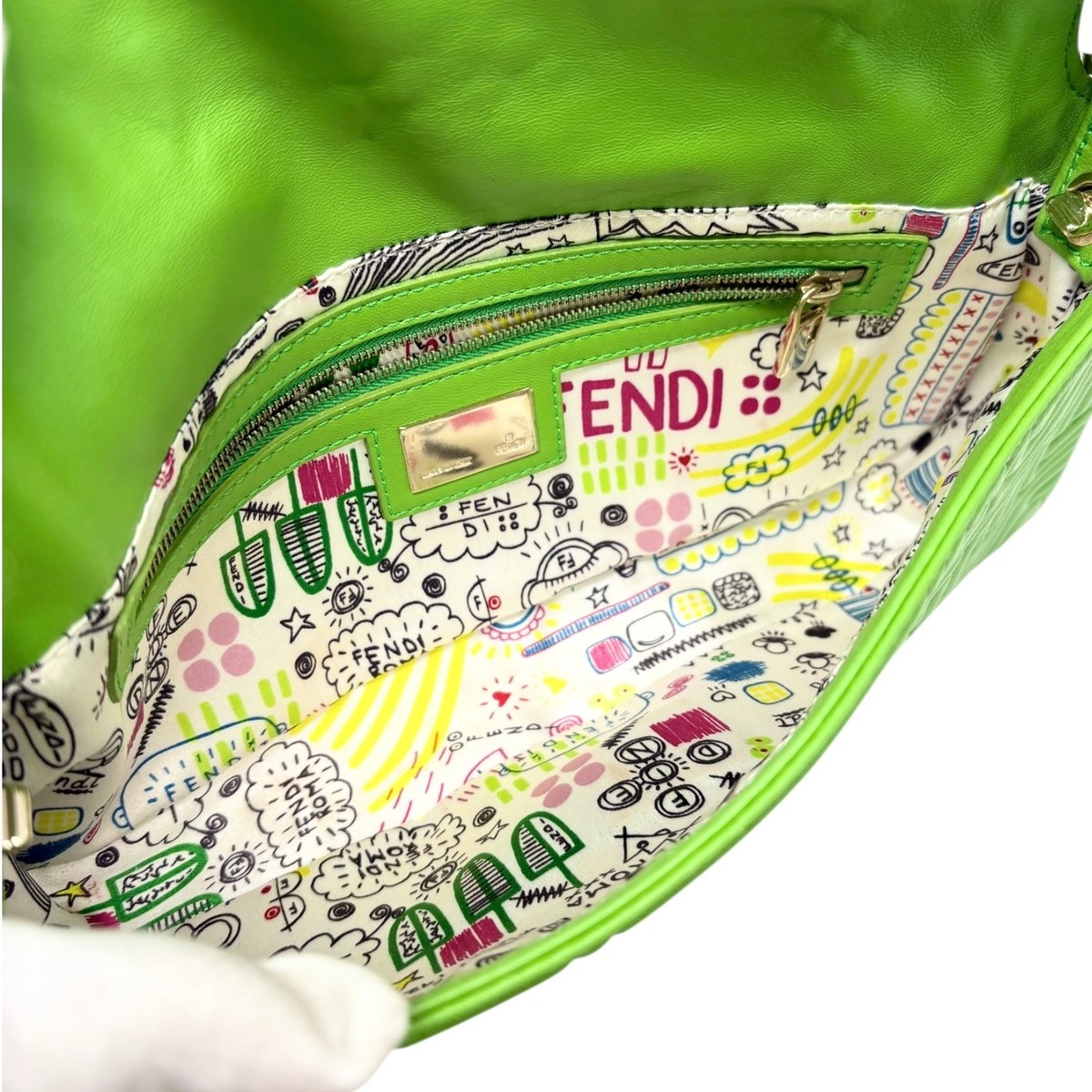 FENDI Vintage FF Logo Embossed Mamma Baguette Shoulder Bag Green