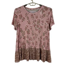 LOGO Lori Goldstein Jersey Knit Tunic T Shirt XL Pink short sleeve pleated hem