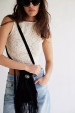New Free People Calamity Fringe Crossbody Bag BlackSuede Western Country Cottage