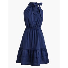 J.Crew Poplin Halter Neck Mini Dress Navy Cotton Bow Pockets Tiered US 10 NWT