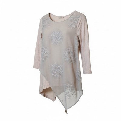 LOGO Lavish Women Tunic M Beige Embroidered Asymmetrical Layered Lagenlook