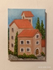 Petite peinture avec des maisons. Peinture acrylique faite à la main 13 x 18 cm