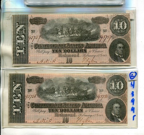1864 $10 RICHMOND BANCONOTA DA MONETA CONFEDERATA 2 CONSECUTIVI CU 4899T