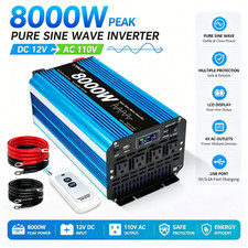 4000W Pure Sine Wave Power Inverter 12V DC to 110V AC 8000W Surge Remote LCD RV