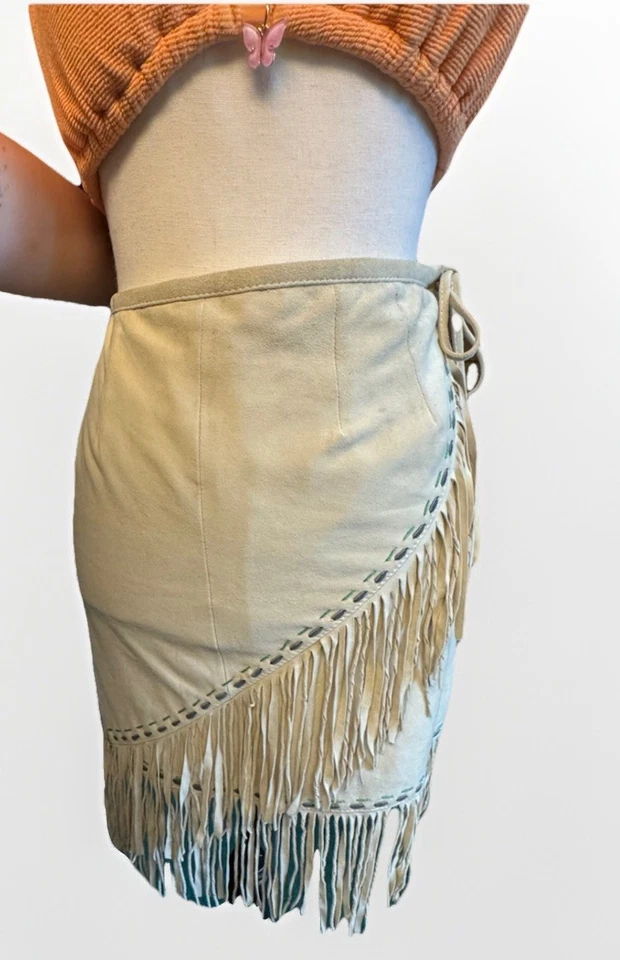 DOUBLE D RANCH Tan Suede,Leather Fringe Skirt Size M Embroidered Western Boho - Image 4 of 4
