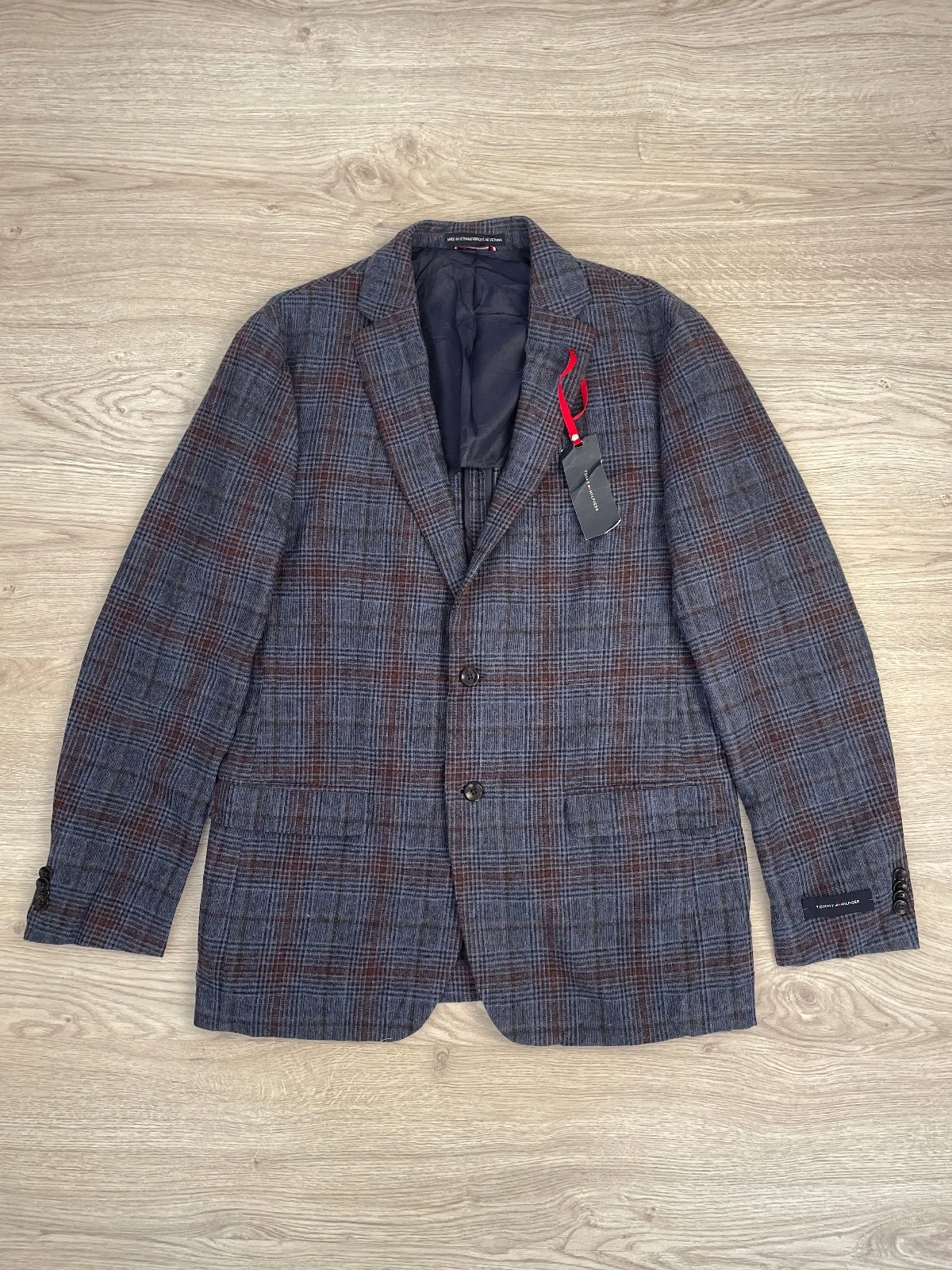 Tommy Hilfiger Brent Plaid Burgundy Wool Blazer 42L