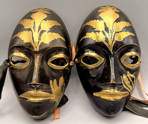 Set of 2 Vintage Solid Brass Black Gold Wall Masks