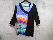 Parsley & Sage Blouse Women Large Black Tunic  Asymmetrical Art Boho Lagenlook