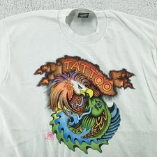 Vintage Tattoo Shirt L/XL White Phoenix Dragon Graphic Screen Stars Best 90s Tee