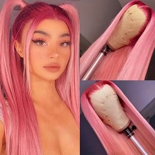 Long Straight Hair Red Ombre Peach Pink Colored Glueless Lace Front Wigs Natural