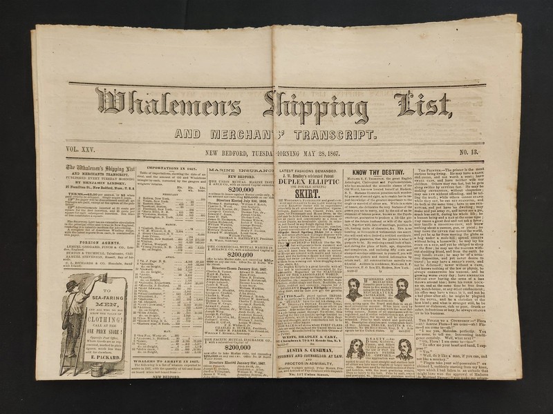 1867 antique WHALEMEN'S SHIPPING LIST NEWSPAPER new bedford ma May28 sperm whale
