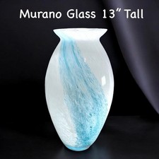 Large Genuine Murano Italian Glass Vase 13" Tall Teal Blue And White Clean