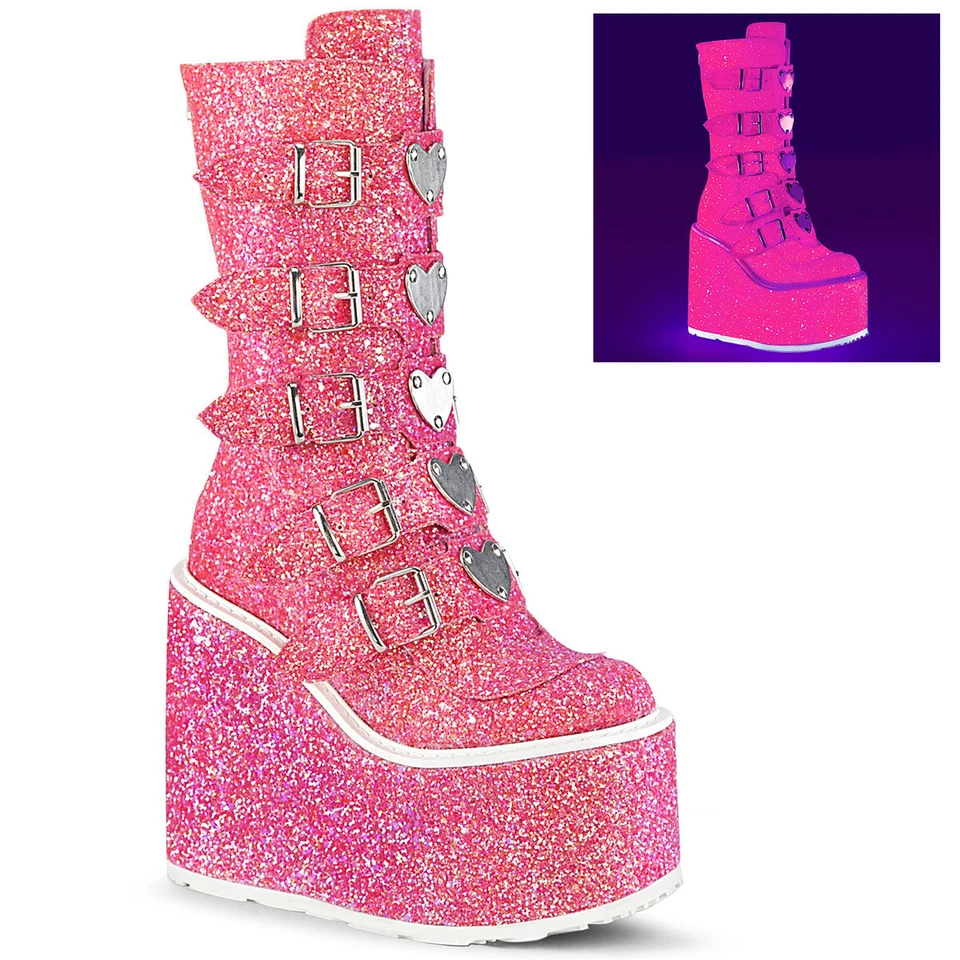 DEMONIACULT SWING-230G vegane Damenia Keilplateau 10 Schnallen Stiefel pink Multiglitter