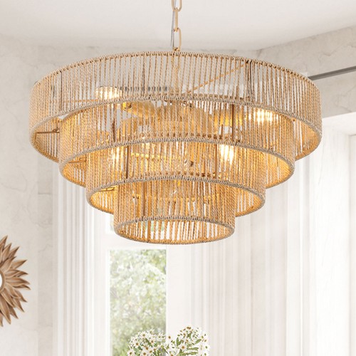 6-Lights Woven Pendant Light 20" Boho Chandelier 4-Tier Rattan Light Fixture