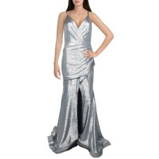 Betsy Adam Slinky Metallic Slit Gown Smoke Silver 8