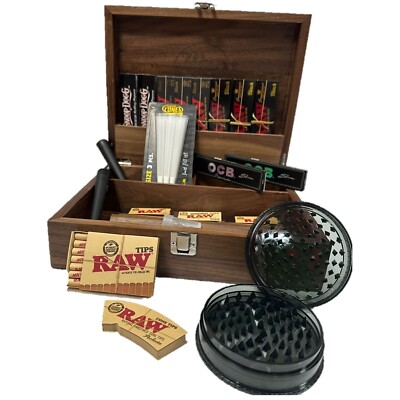 Wise Skies Black Deluxe Walnut Rolling Box Set Papers Tips Crusher OCB RAW Tube