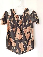 Sienna Sky Top Scoop Nck Cold Shoulder Short Slv Semi Sheer Blk Floral XS #12698