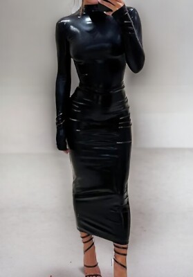 Leder-Optik Lack Bodycon Mock Neck Kleid Maxikleid Langarm Vinyl Lateex-Optik