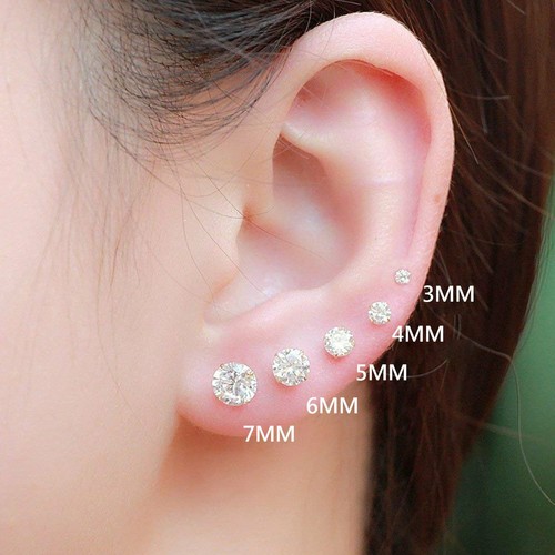 WOMEN GENUINE 925 SOLID STERLING SILVER PLATED CRYSTAL CUBIC STUD EARRINGS GIFT - Picture 5 of 18