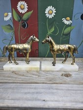 Pair of Vintage Brass Standing Horses Figurine With Saddle On Marble Base