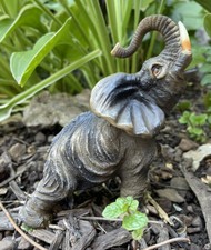 ✅Vtg 4 5/8" Realistic Resin Gray Elephant Figurine Tusks Raising Trunk Up