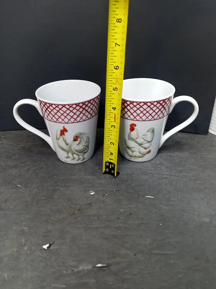 ❤️ Juego básico de porcelana para el hogar 2 tazas de café gallo de pollo granja Foto 2 de 4