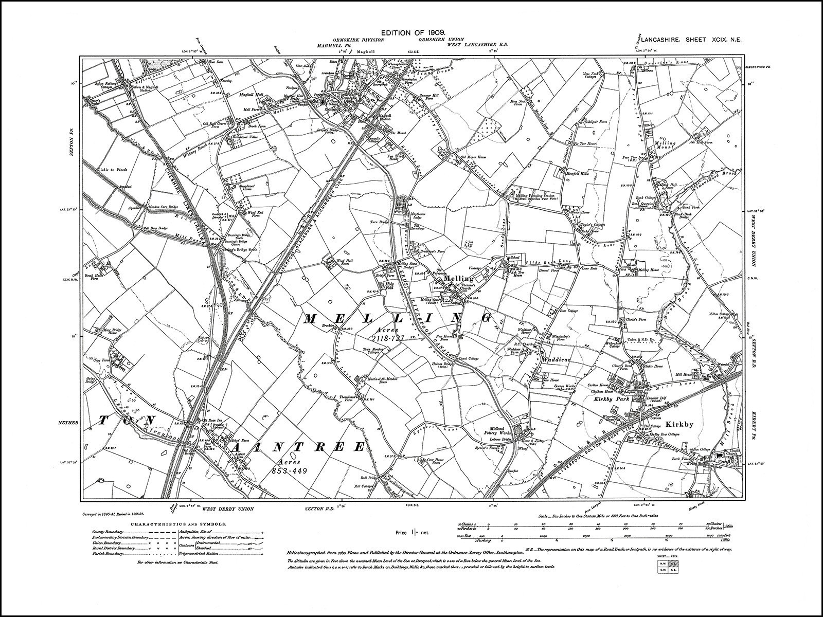 Old map of Maghull, Melling, Kirkby, Lancashire 1909 99NE repro eBay