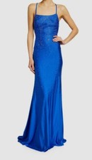 448 Faviana Women's Blue Strappy Sleeveless Rhinestone Gown Dress Size 0