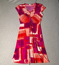 Natori Dress Women’s Size Small Red Orange Abstract Midi Twist Front Stretch