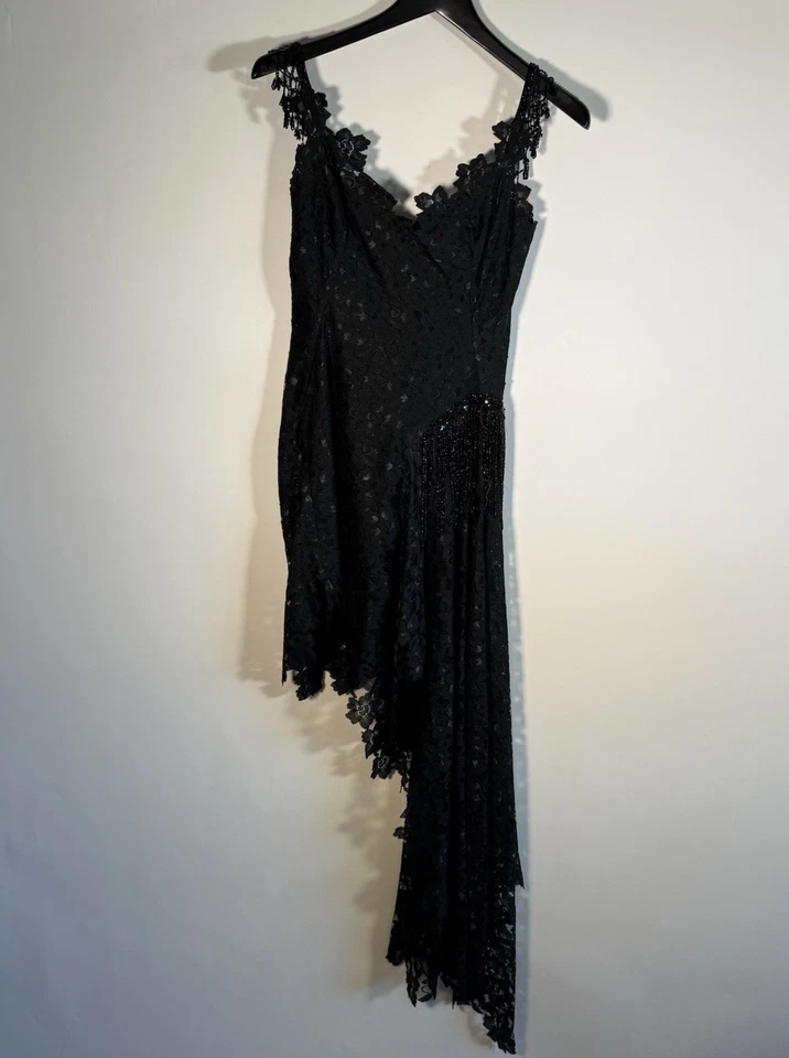 RUTI DANAN Dress UK S Black Lace Asymmetric Skirt Beaded Button Closure - Image 4 of 4