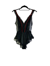 VTG 80s Lingerie Teddy Bodysuit Womens Small Black Frilly Lace Sheer USA
