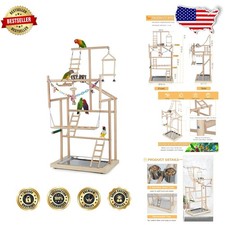 XL Natural Wood Parrot Bird Playstand 4-Layer Gym with Bells
