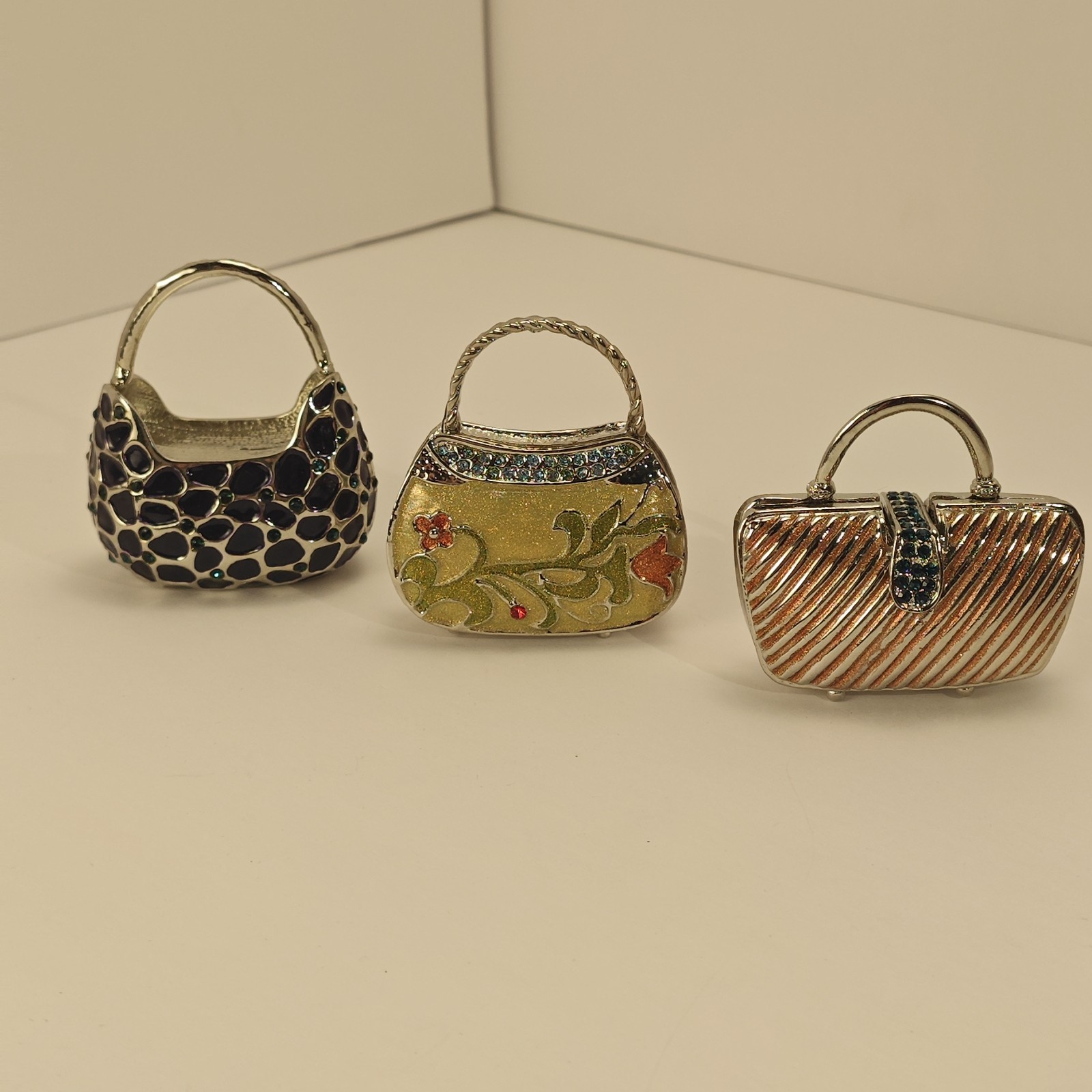 Lot of 3 Mini Purse Handbag Trinket Boxes Enamel Magnetic Closure