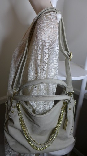 Purse Tote Bag MASSINI Gold Embellished Gray Beige Chain Shoulder Handle 15x11" - Picture 2 of 17