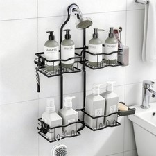 Rustproof Handheld Shower Caddy Includes Soap Basket and Over 10 Hooks Black