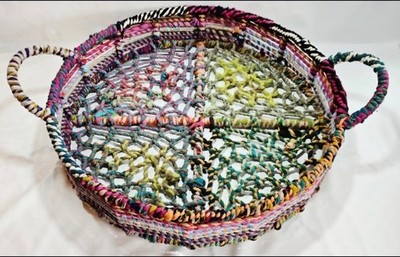 Vtg Amita Woven Fabric Wrapped Metal Tray w/Handles Boho Decor 16''D Multicolor 